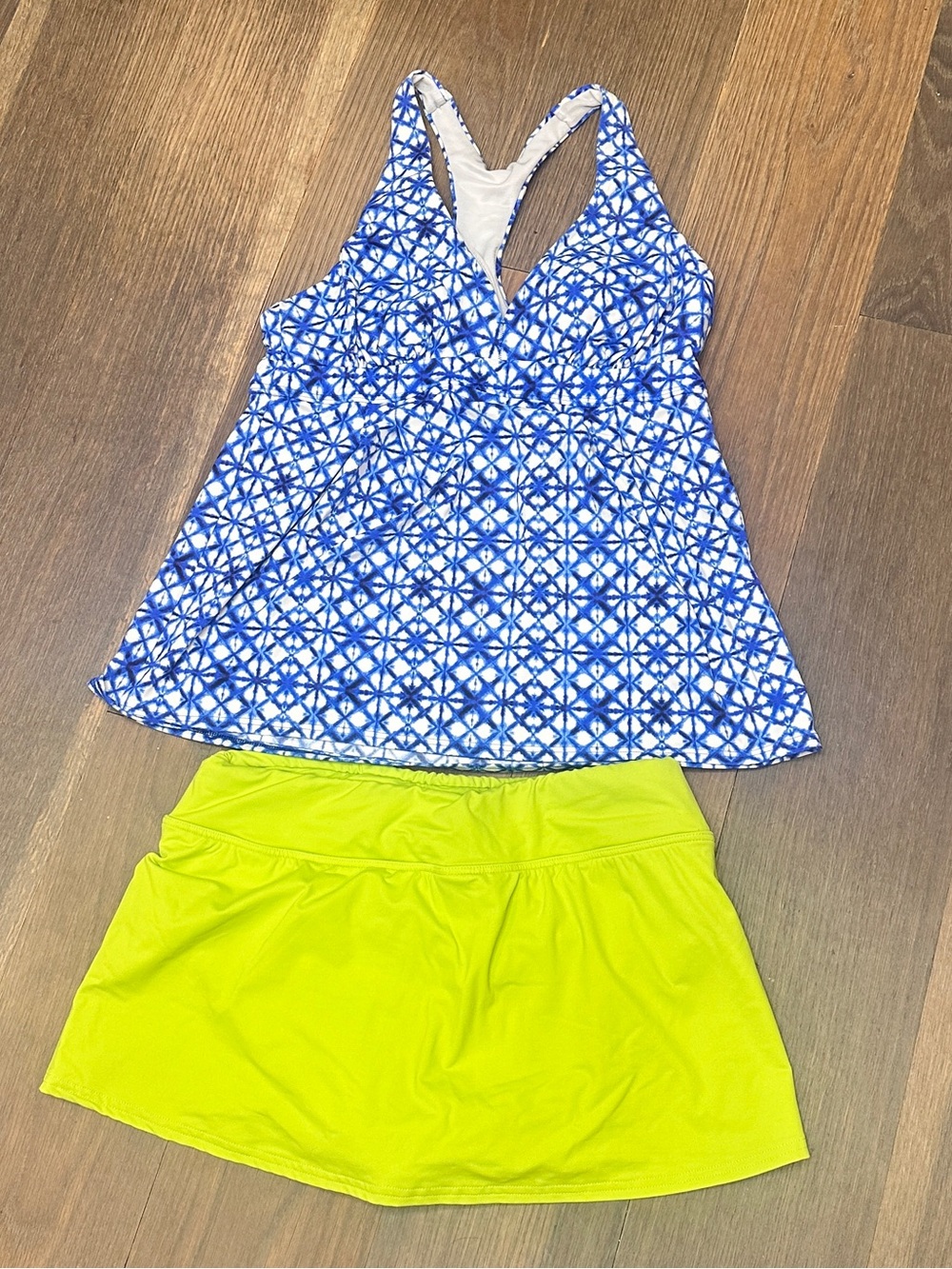 Lands' End Blue & Neon Yellow Patterned Swim One-Piece with Skirt